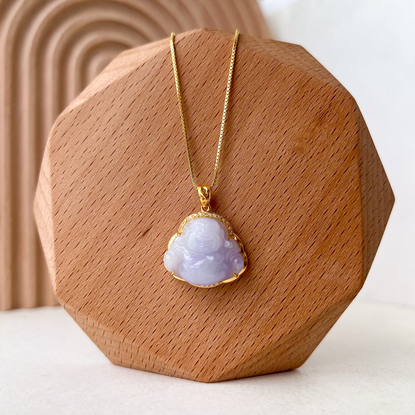 Purple Lavender Jadeite Jade Happy Buddha Carved Pendant with 18k Solid Gold, NY-0723-1705470502