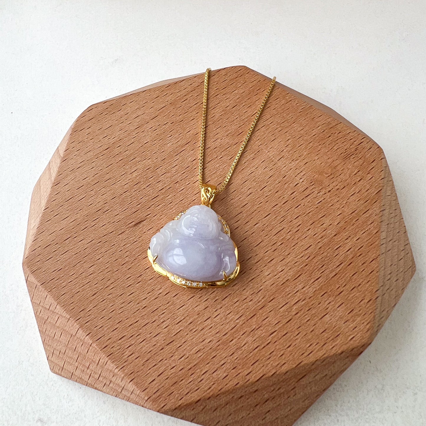Purple Lavender Jadeite Jade Happy Buddha Carved Pendant with 18k Solid Gold, NY-0723-1705470502