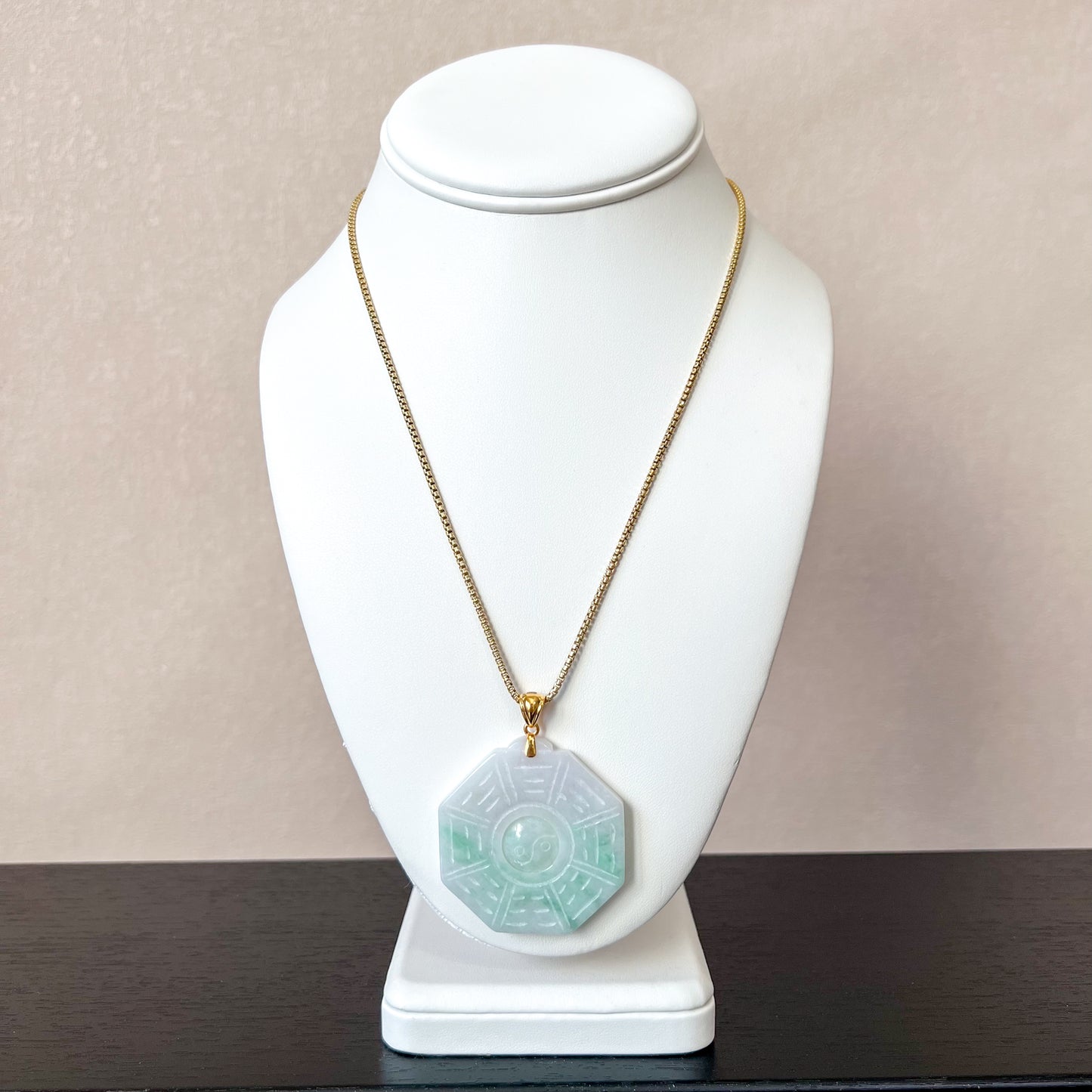 Large Green Jadeite Jade Yin Yang Pendant Ba Gua Pendant with 18K Gold Bail