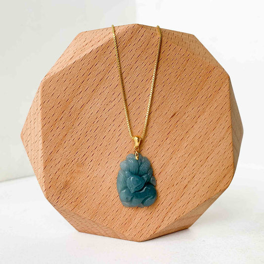 Nine 9 Tail Fox with 18K Gold Jadeite Jade Blue Green Hand Carved Pendant