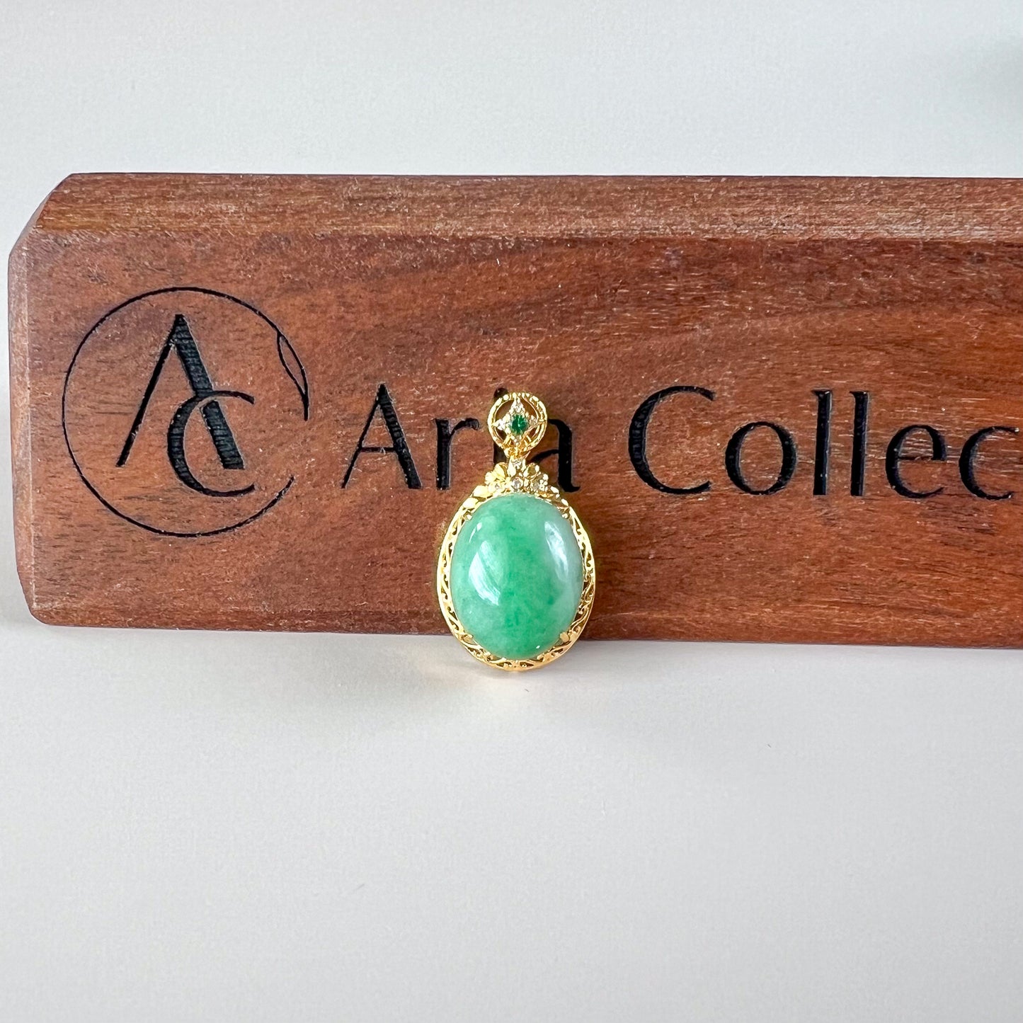 Green Serenity Jade Pendant with 18K Solid Gold, Jadeite Jade Cabochon Pendant, QY-0921-1749838676