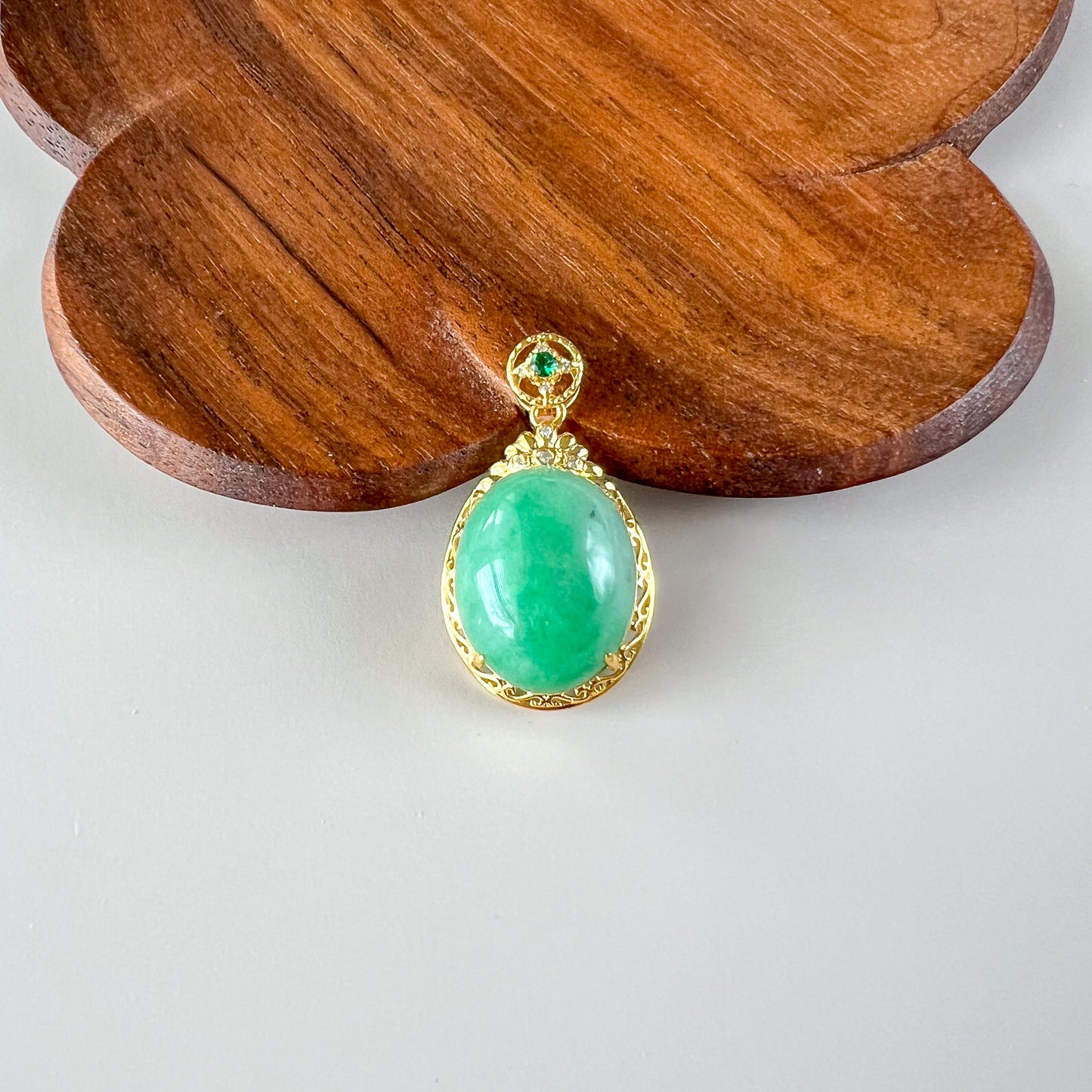 Green Serenity Jade Pendant with 18K Solid Gold, Jadeite Jade Cabochon Pendant, QY-0921-1749838676