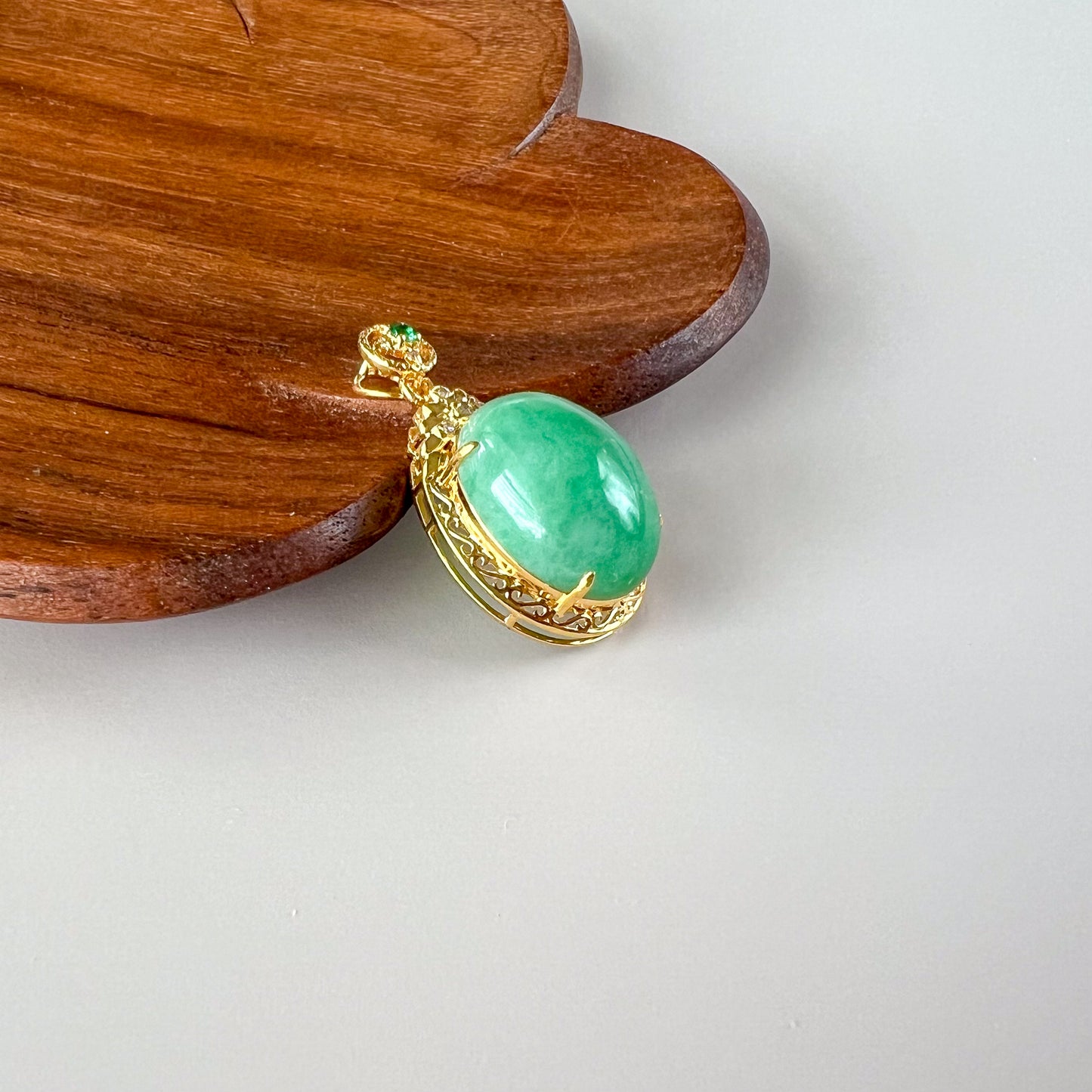 Green Serenity Jade Pendant with 18K Solid Gold, Jadeite Jade Cabochon Pendant, QY-0921-1749838676