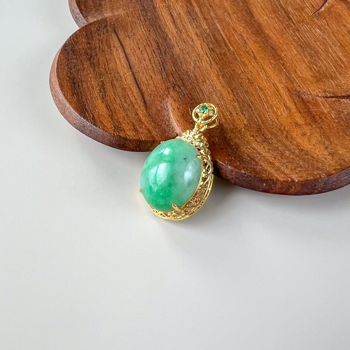 Green Serenity Jade Pendant with 18K Solid Gold, Jadeite Jade Cabochon Pendant, QY-0921-1749838676