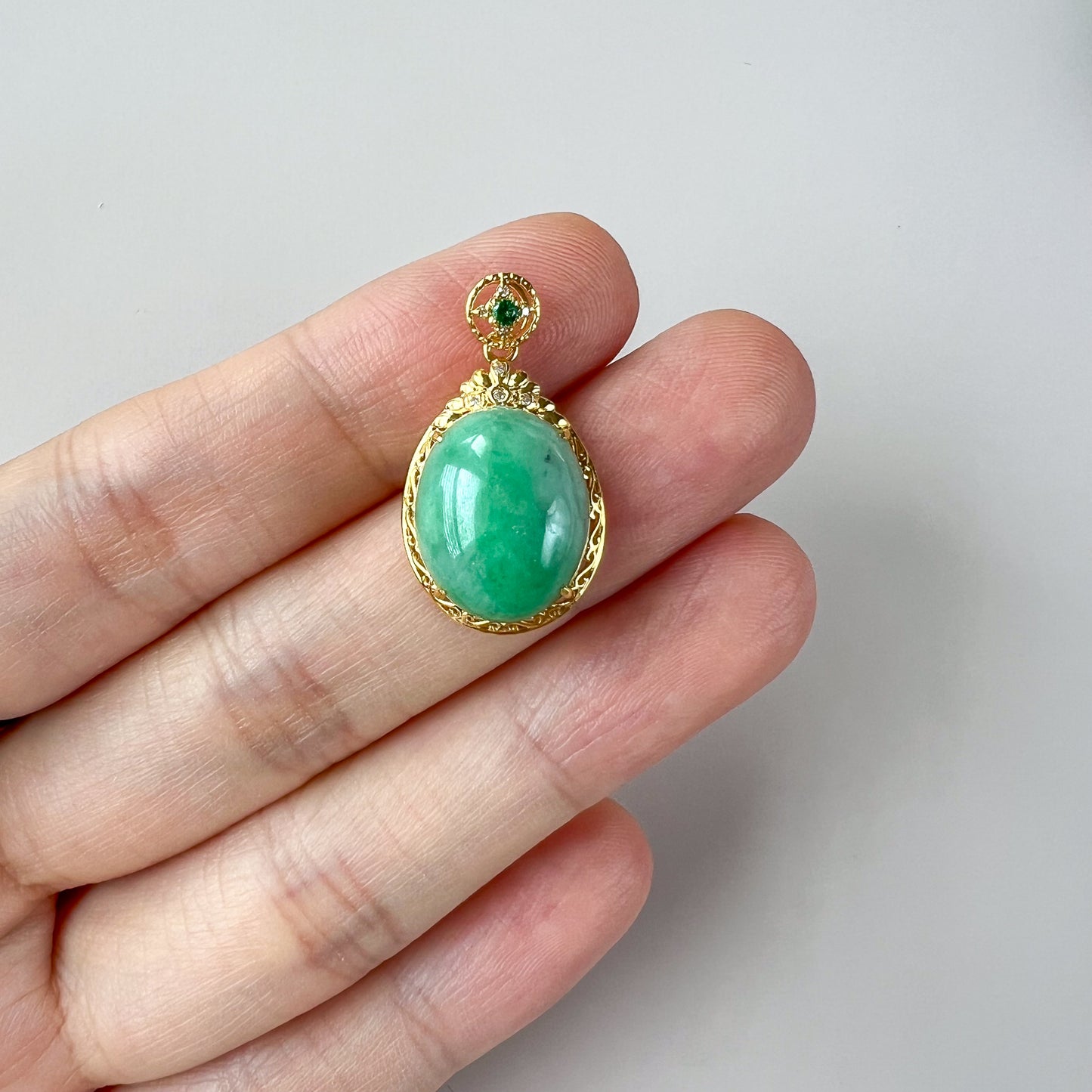 Green Serenity Jade Pendant with 18K Solid Gold, Jadeite Jade Cabochon Pendant, QY-0921-1749838676
