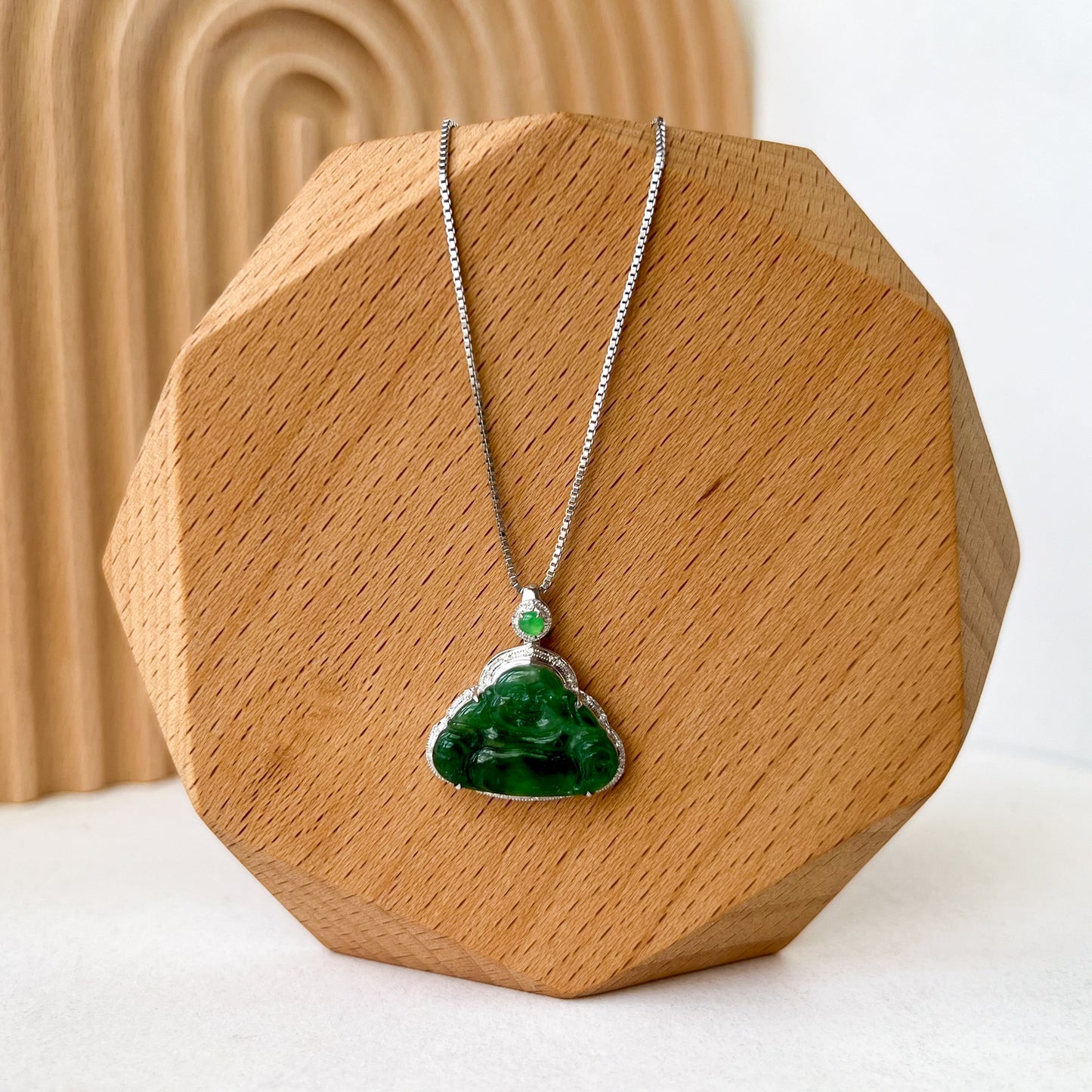 Small Green Happy Buddha, Jadeite Jade 18K White Gold Pendant, QY-0921-DFZB45529