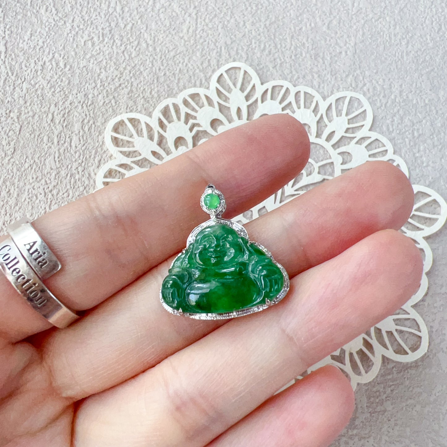 Small Green Happy Buddha, Jadeite Jade 18K White Gold Pendant, QY-0921-DFZB45529