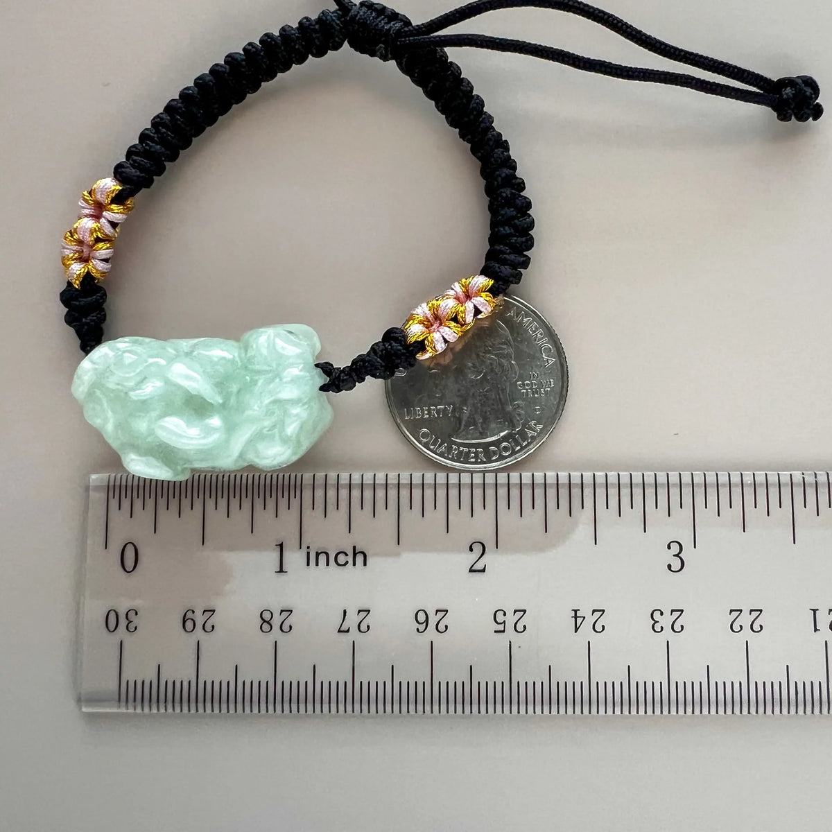 Pixiu Light Green White Jadeite Jade Adjustable Black Cord Bracelet (貔貅)