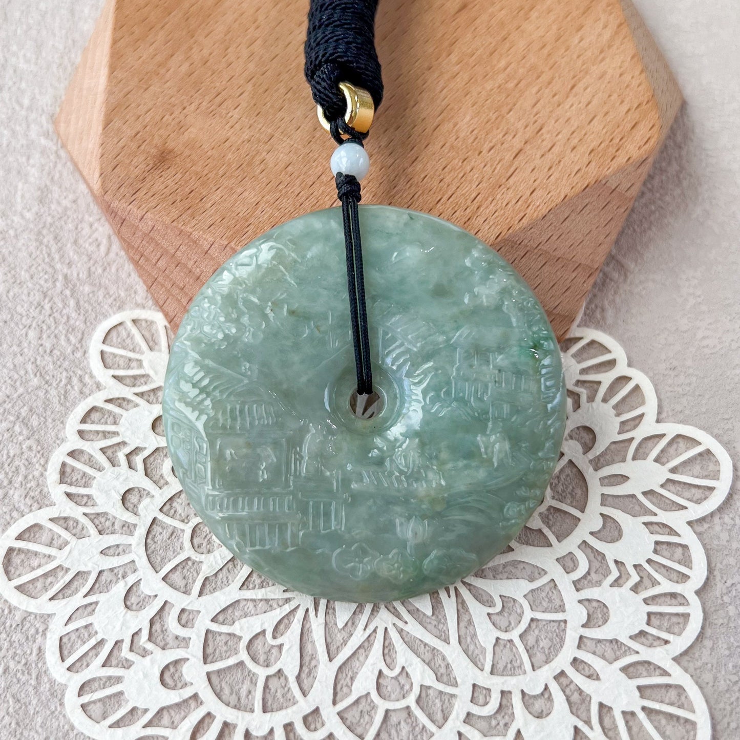 Jadeite Jade Landscape Mountain Forest River Scenery, Green Jade Hand Carved Pendant Necklace, YJ-0422-0330271