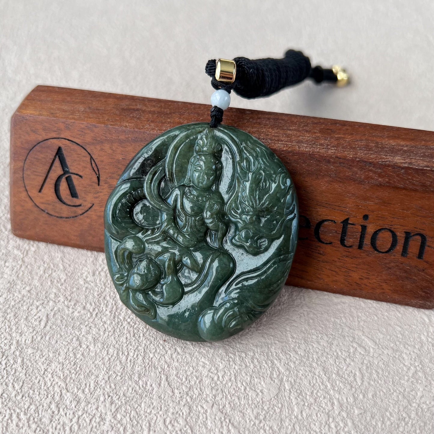 Jadeite Jade Guan Yin Kwan Yin Protected by Dragon Avalokitesvara Semi-Translucent Carved Pendant Necklace, YJ-0522-0371848