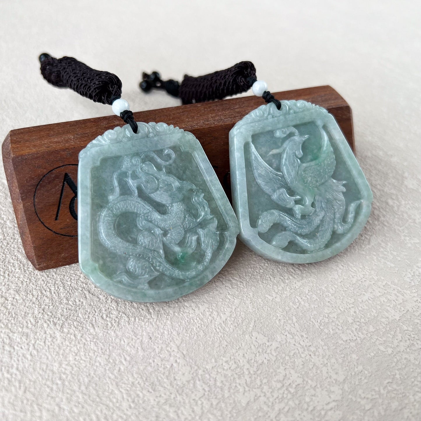 Dragon and Phoenix Harmony Pendants, Couple Green Jadeite Jade Dragon Phoenix Love Necklace, YJ-0422-0401965