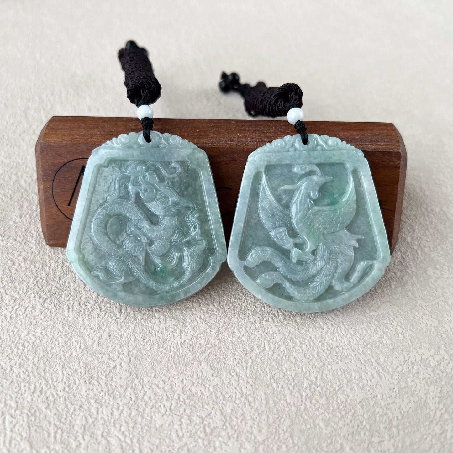 Dragon and Phoenix Harmony Pendants, Couple Green Jadeite Jade Dragon Phoenix Love Necklace, YJ-0422-0401965