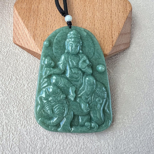 Green Jadeite Jade Samantabhadra Buddha Pendant, Pu Xian, Phổ Hiền Bồ Tát, Buddha with elephant,普贤 Pendant Necklace, YJ-0422-0330258
