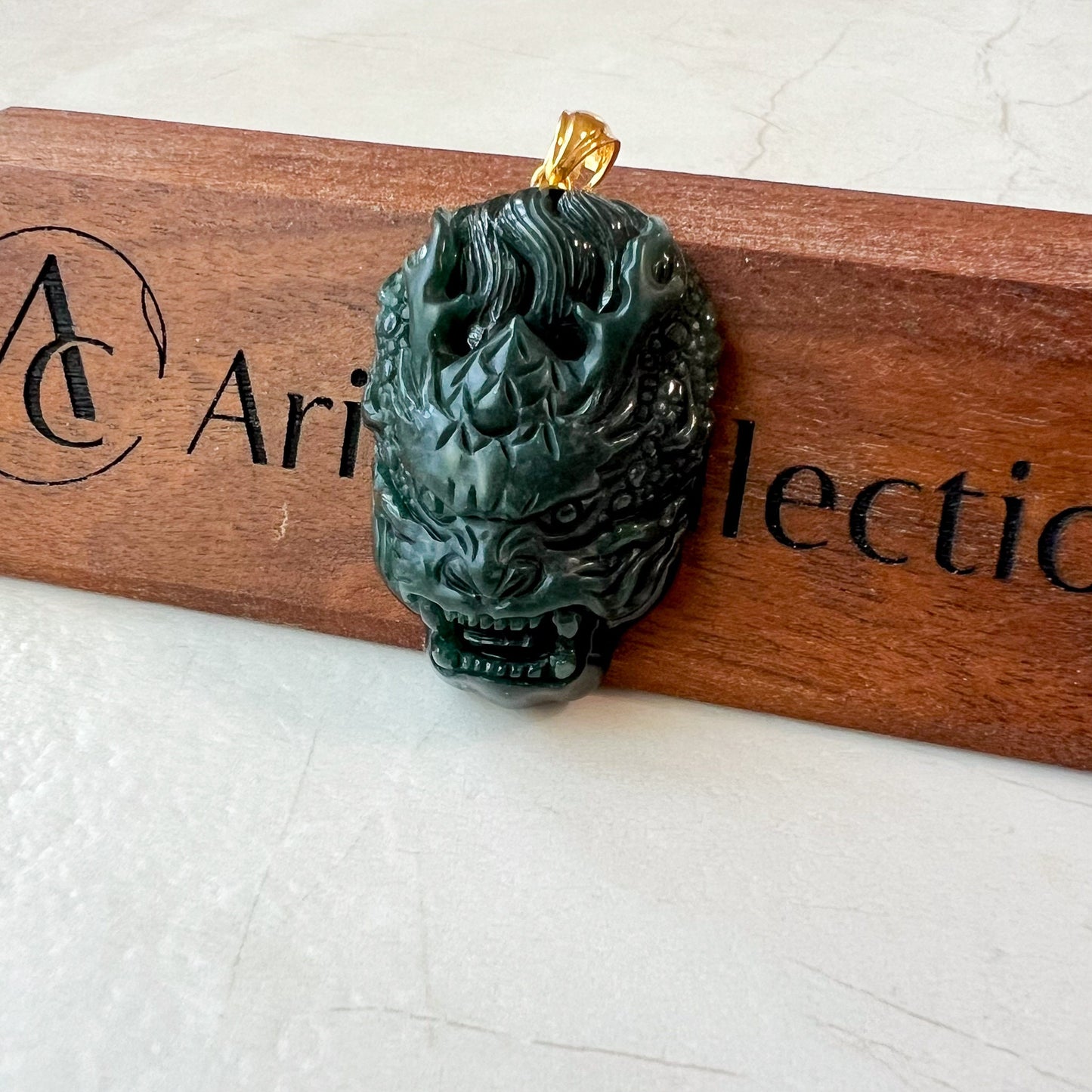 Shadow Dragon Head Pendant, Style 1, Dark Green Dragon Head, Jadeite Jade Hand Carved Pendant with 18K Solid Gold Bail, VIC-0424-1719972537