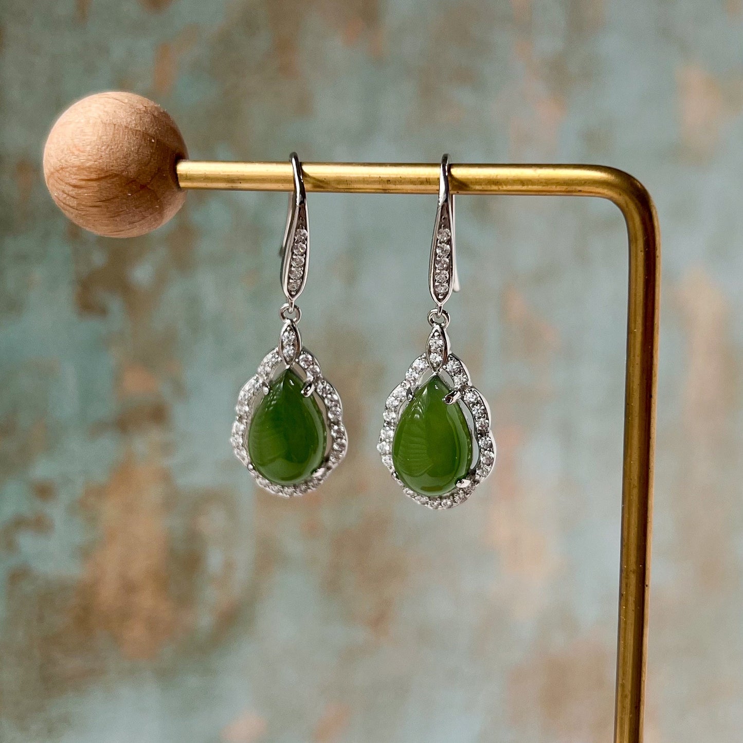 Jade Teardrop Earrings, Green Nephrite Jade Sterling Silver Earrings, JSY-0424-12079