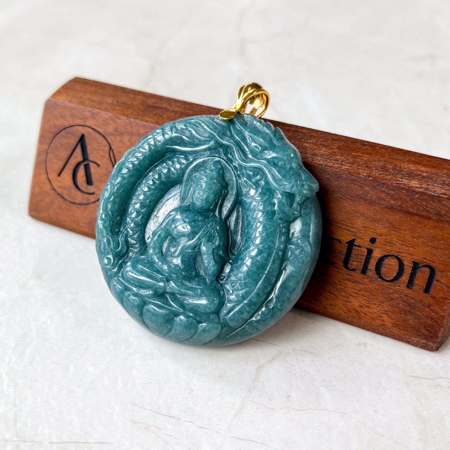 Dragon's Guardian Buddha Jade Pendant, Amitabha Buddha Amida Large Carved Pendant, Green Jadeite Jade with 18K Gold,WEN-0424-1720983740