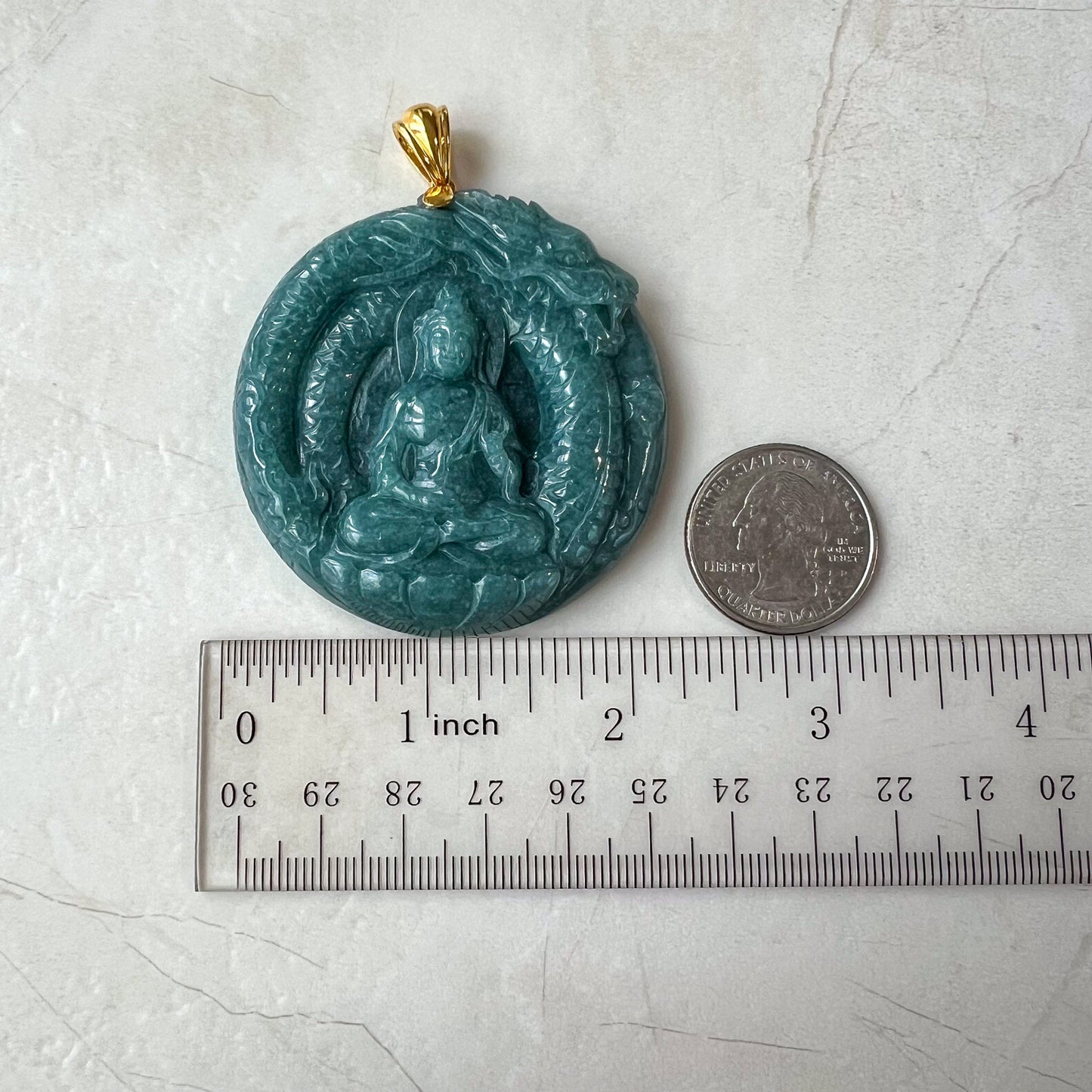 Dragon's Guardian Buddha Jade Pendant, Amitabha Buddha Amida Large Carved Pendant, Green Jadeite Jade with 18K Gold,WEN-0424-1720983740