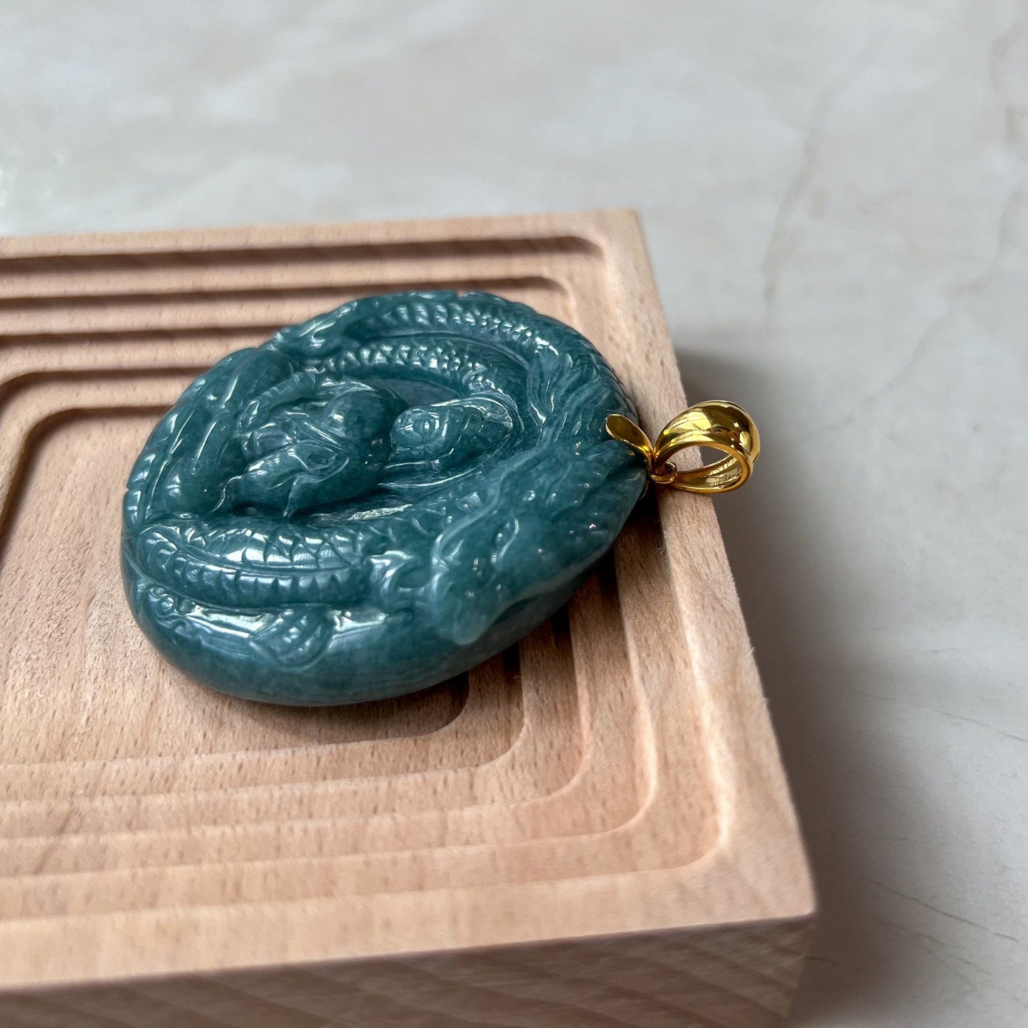 Dragon's Guardian Buddha Jade Pendant, Amitabha Buddha Amida Large Carved Pendant, Green Jadeite Jade with 18K Gold,WEN-0424-1720983740
