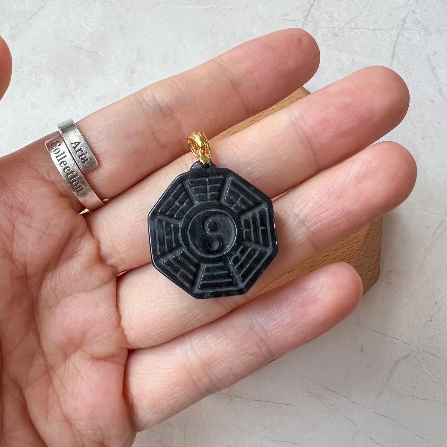 Small Black Jadeite Jade Yin Yang Pendant, 18K Gold Bail Pendant, Ba Gua Pendant, 八卦, EDW-0424-1722269831