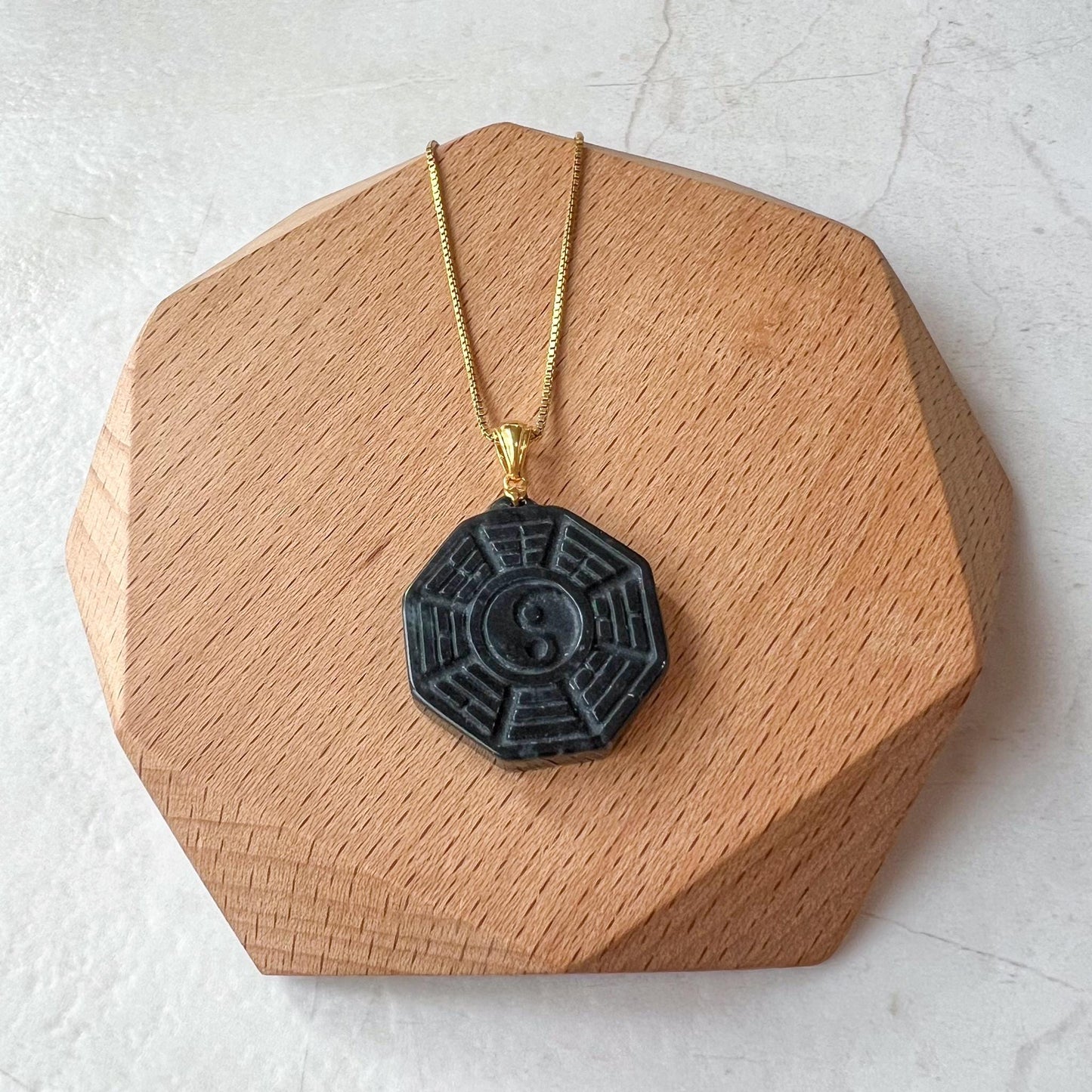 Small Black Jadeite Jade Yin Yang Pendant, 18K Gold Bail Pendant, Ba Gua Pendant, 八卦, EDW-0424-1722269831