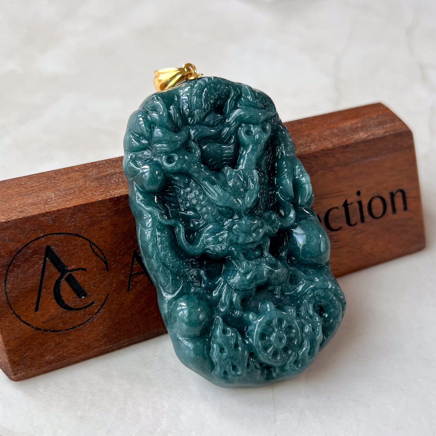 Dragon's Prosperity Jade Pendant, Style 1, Large Green Jadeite Jade Dragon Hand Carved Pendant with 18K Gold, WEN-0424-1720802906