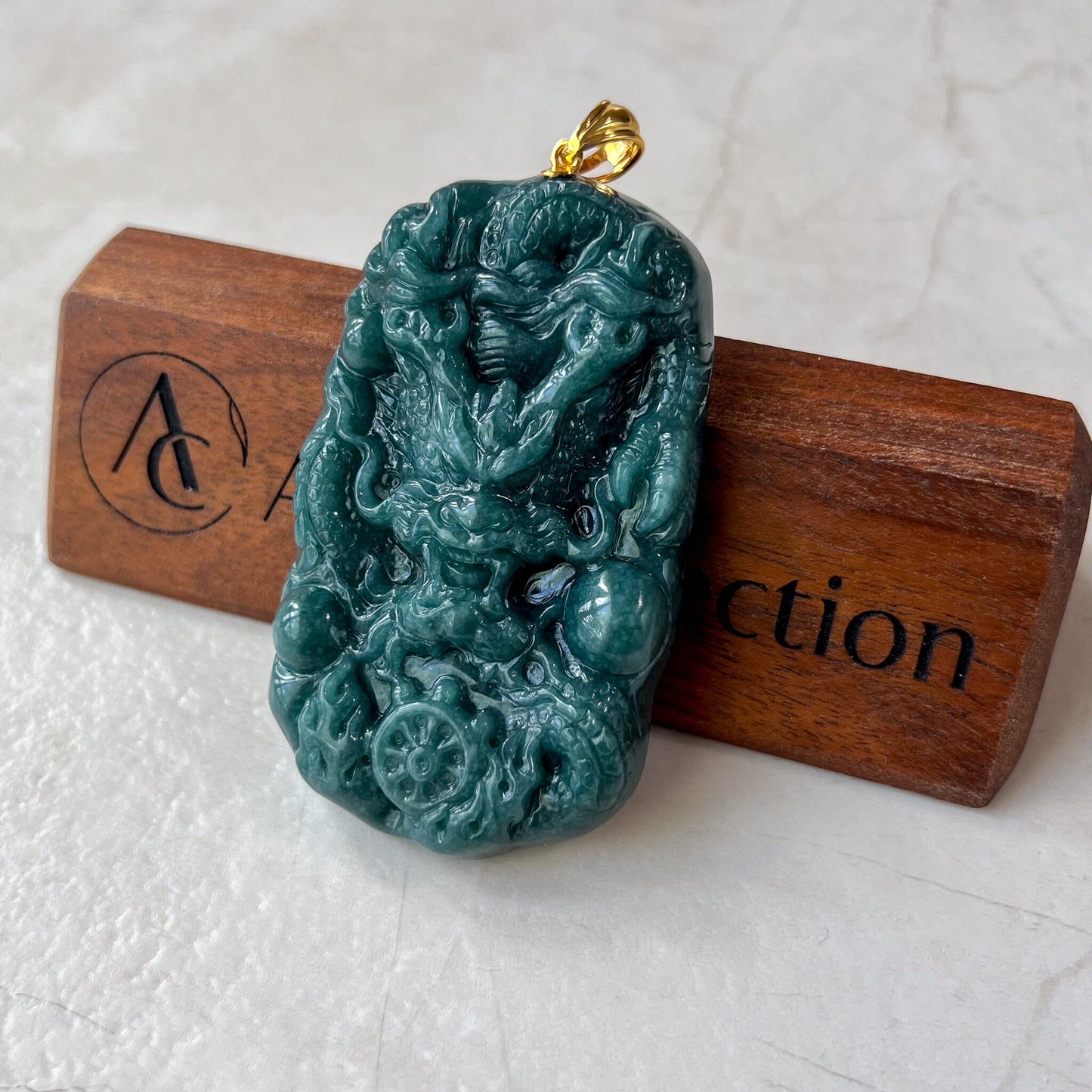 Dragon's Prosperity Jade Pendant, Style 1, Large Green Jadeite Jade Dragon Hand Carved Pendant with 18K Gold, WEN-0424-1720802906