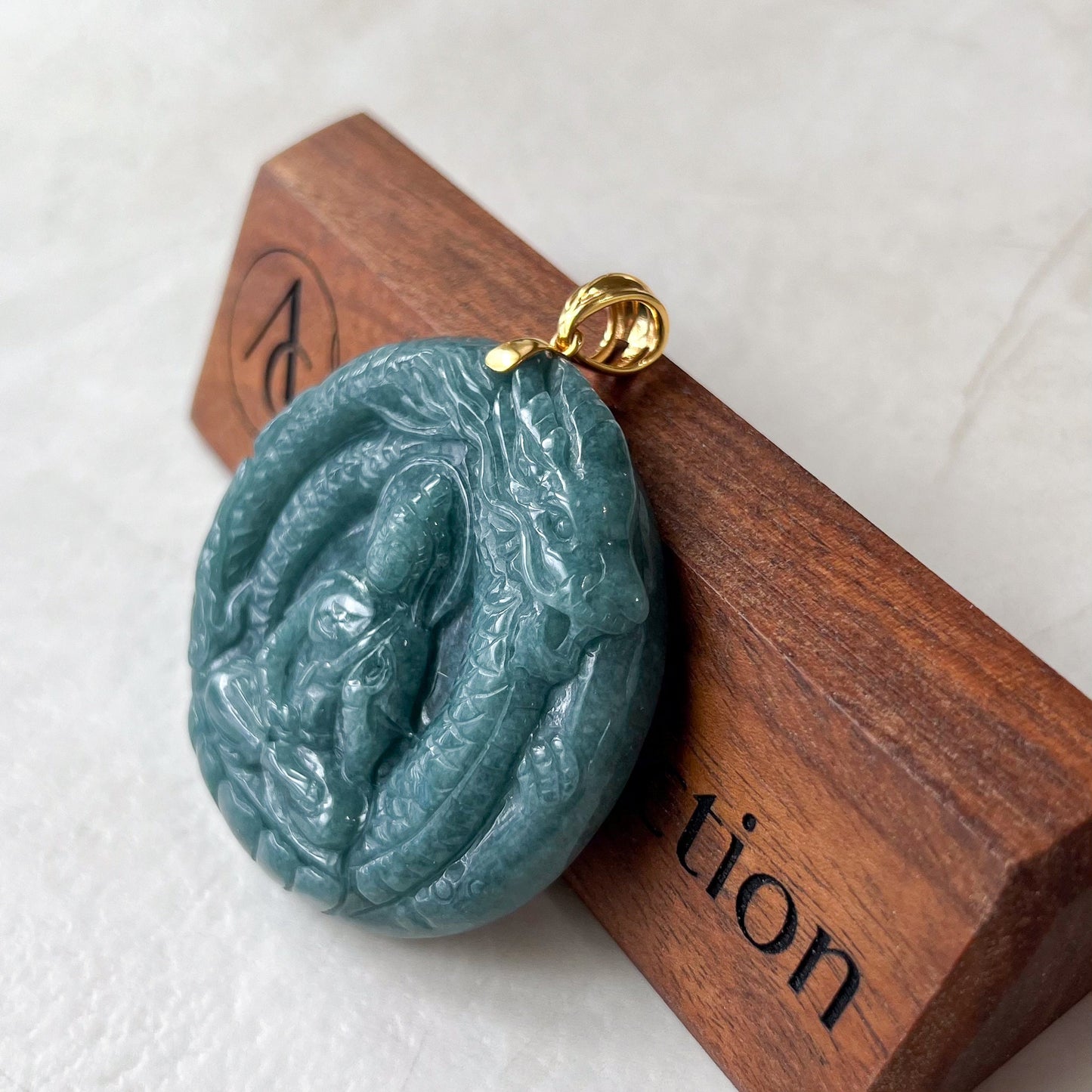 Dragon's Guardian Buddha Jade Pendant, Amitabha Buddha Amida Large Carved Pendant, Green Jadeite Jade with 18K Gold,WEN-0424-1720983740