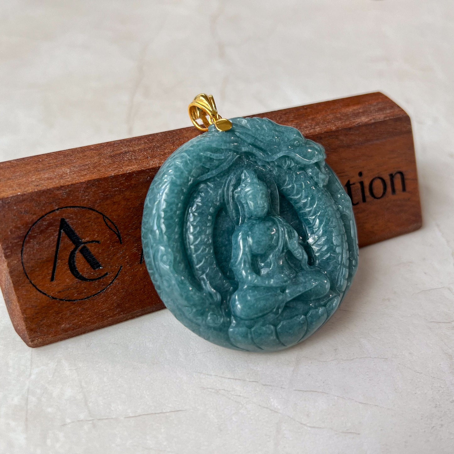 Dragon's Guardian Buddha Jade Pendant, Amitabha Buddha Amida Large Carved Pendant, Green Jadeite Jade with 18K Gold,WEN-0424-1720983740