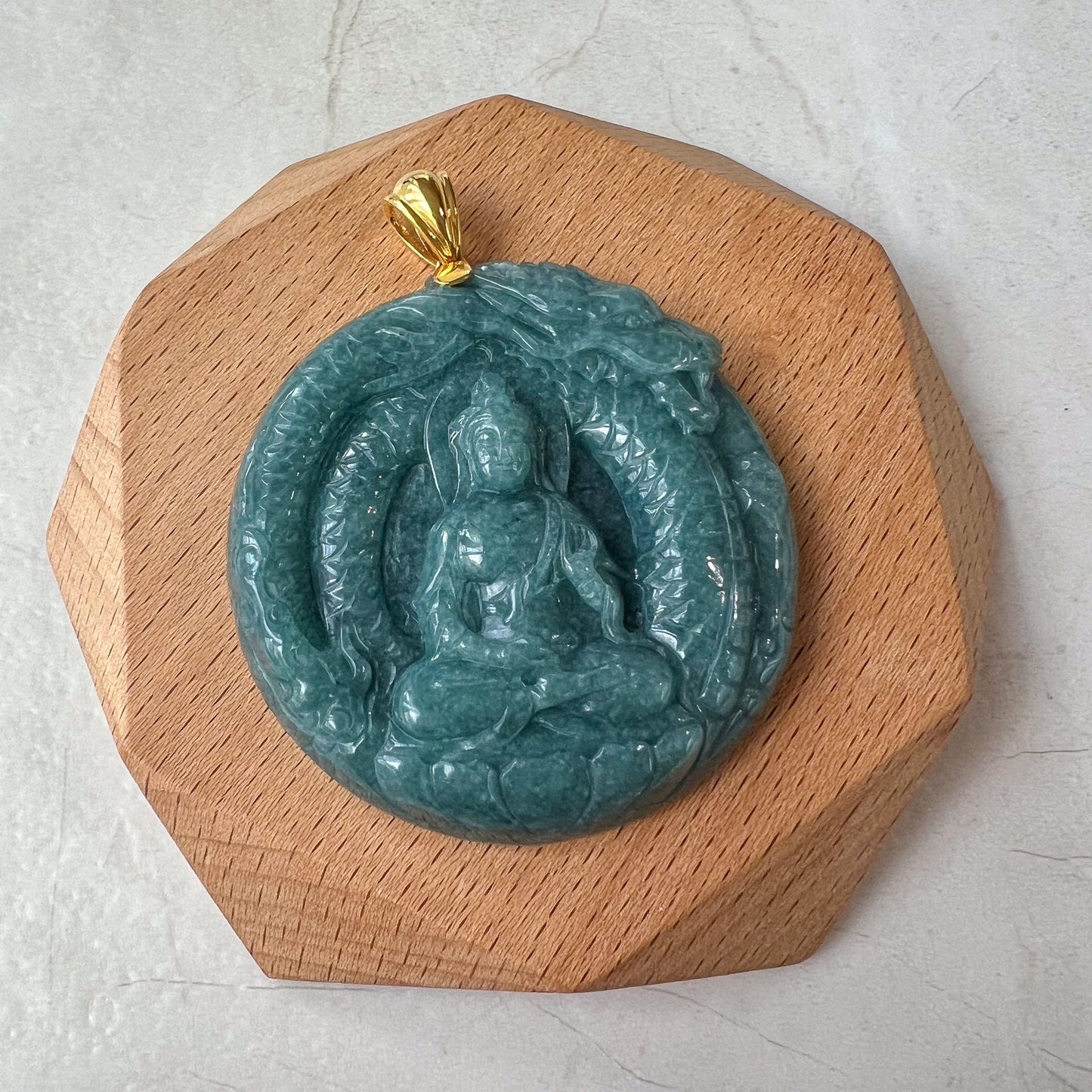Dragon's Guardian Buddha Jade Pendant, Amitabha Buddha Amida Large Carved Pendant, Green Jadeite Jade with 18K Gold,WEN-0424-1720983740