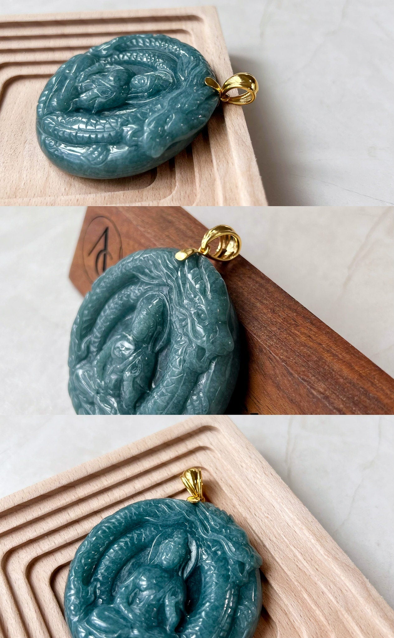 Dragon's Guardian Buddha Jade Pendant, Amitabha Buddha Amida Large Carved Pendant, Green Jadeite Jade with 18K Gold,WEN-0424-1720983740