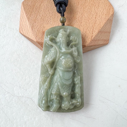 Green Jadeite Jade Guan Yu Guan Gong Carved Pendant Necklace, YJ-1122-0288534