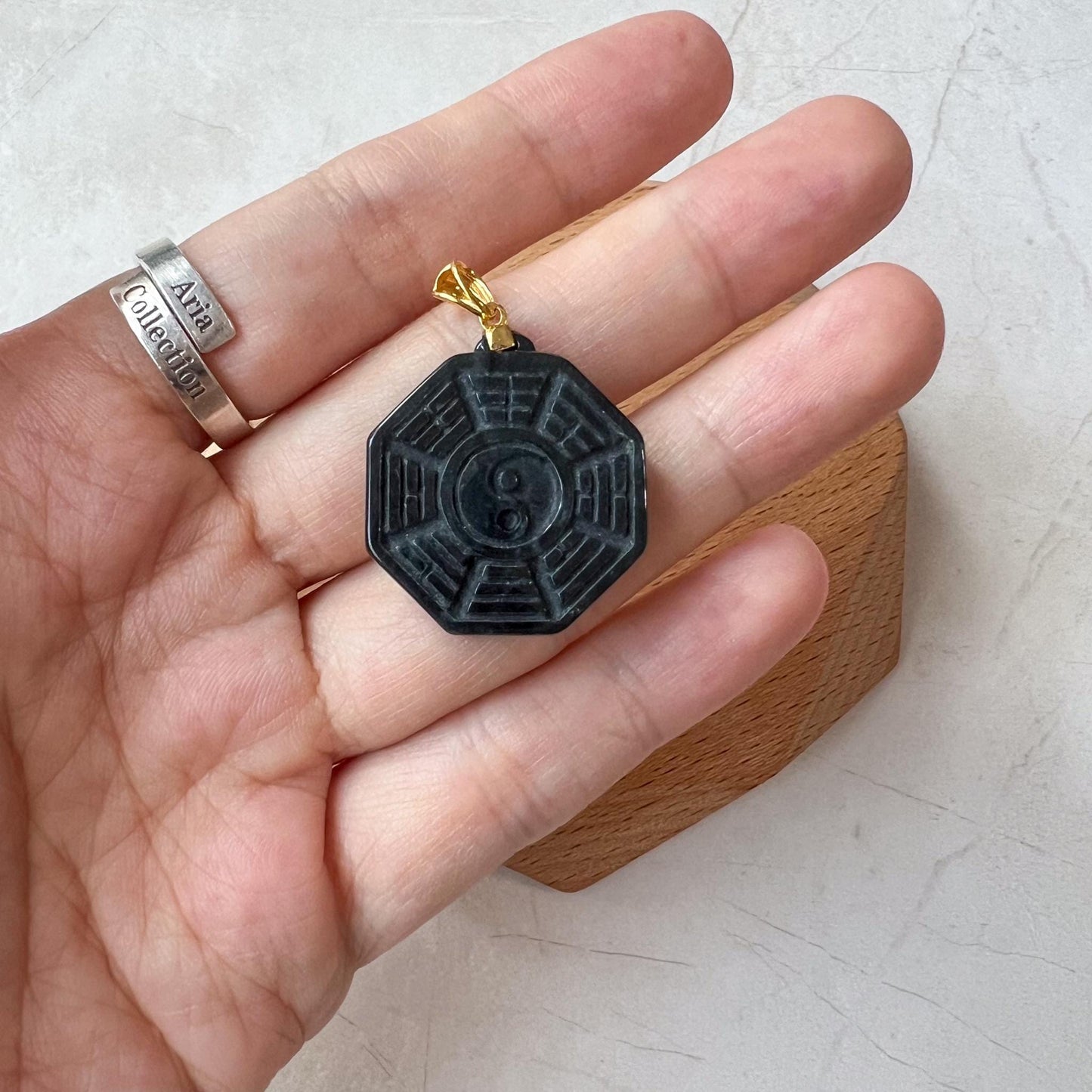 Small Black Jadeite Jade Yin Yang Pendant, 18K Gold Bail Pendant, Ba Gua Pendant, 八卦, EDW-0424-1722269831