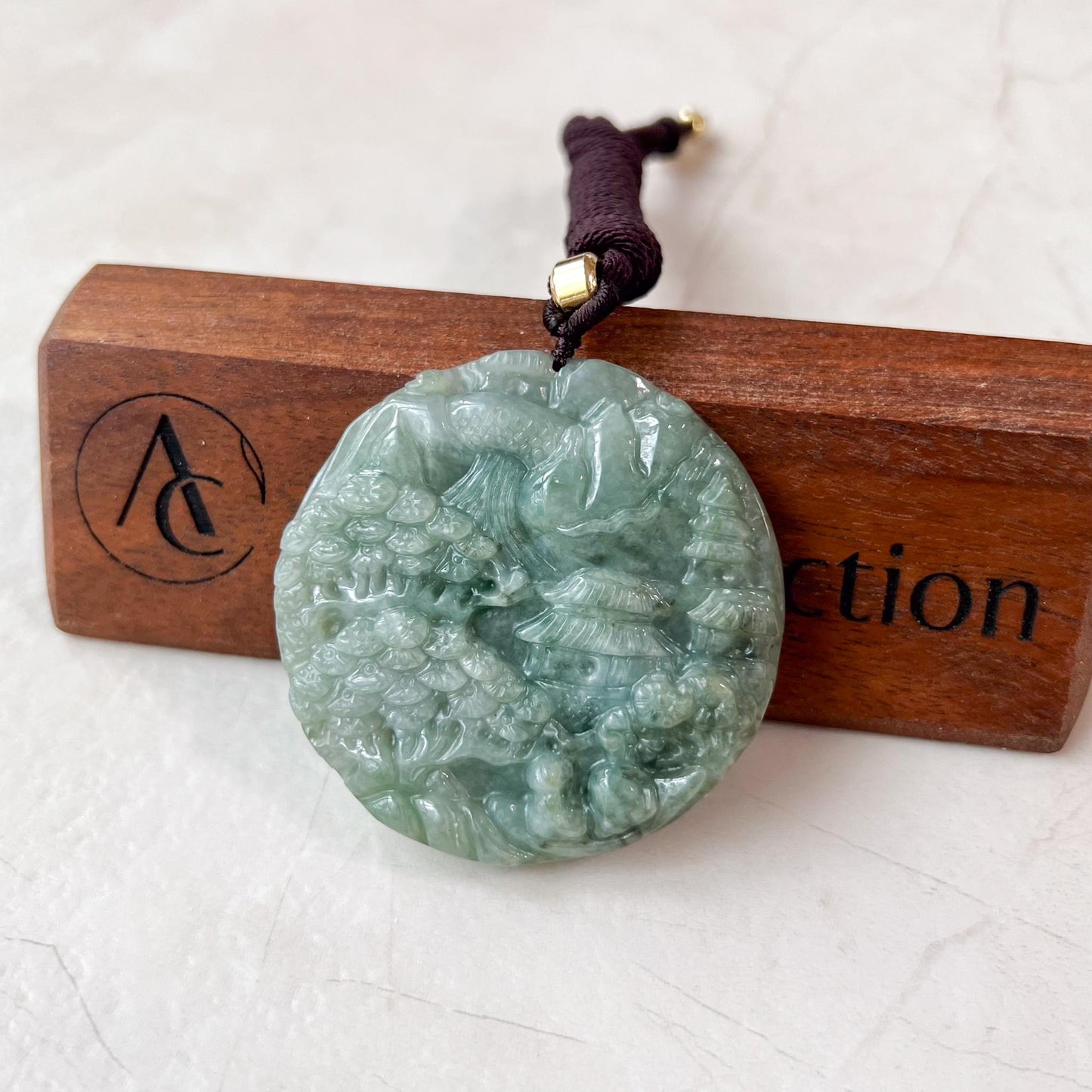 Landscape Mountain Forest River Scenery, Green Jade, Hand Carved Pendant Necklace,YJ-0422-0350138