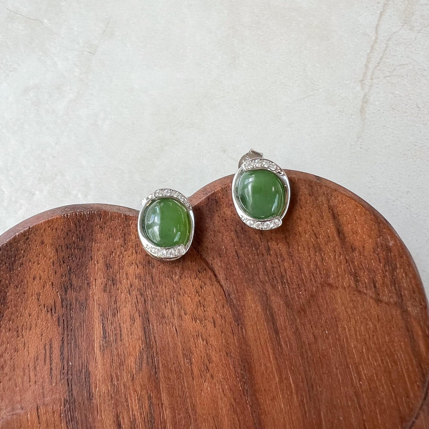 Green Arc Jade Earring Studs, Green Nephrite Jade Sterling Silver Earrings, JSY-0424-12159