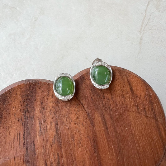 Green Arc Jade Earring Studs, Green Nephrite Jade Sterling Silver Earrings, JSY-0424-12159