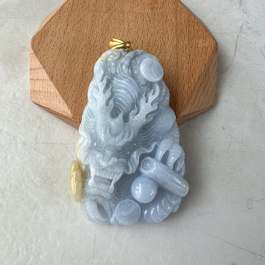 Violet Sky Dragon Large Pendant, Light Purple Lavender Yellow Jadeite Jade, Hand Carved Pendant with 18K Yellow Gold, CAN-0424-1727642956