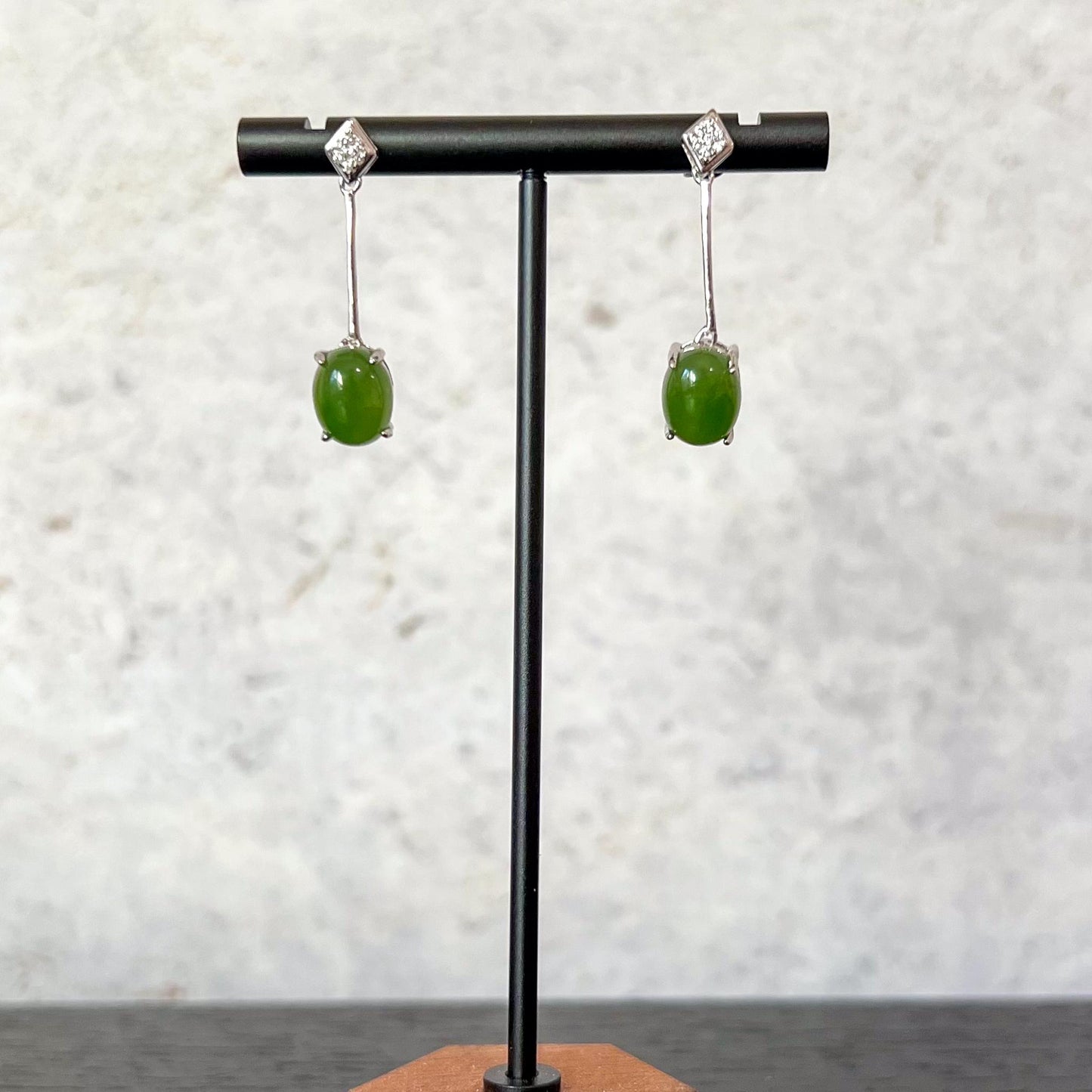 Jade Pendulum Earring Studs, Oval Cut, Green Nephrite Jade Sterling Silver Earrings, JSY-0424-12127