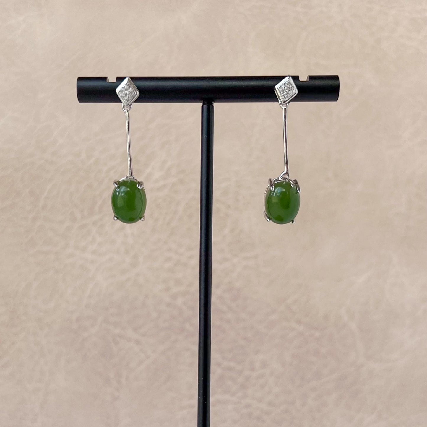 Jade Pendulum Earring Studs, Oval Cut, Green Nephrite Jade Sterling Silver Earrings, JSY-0424-12127