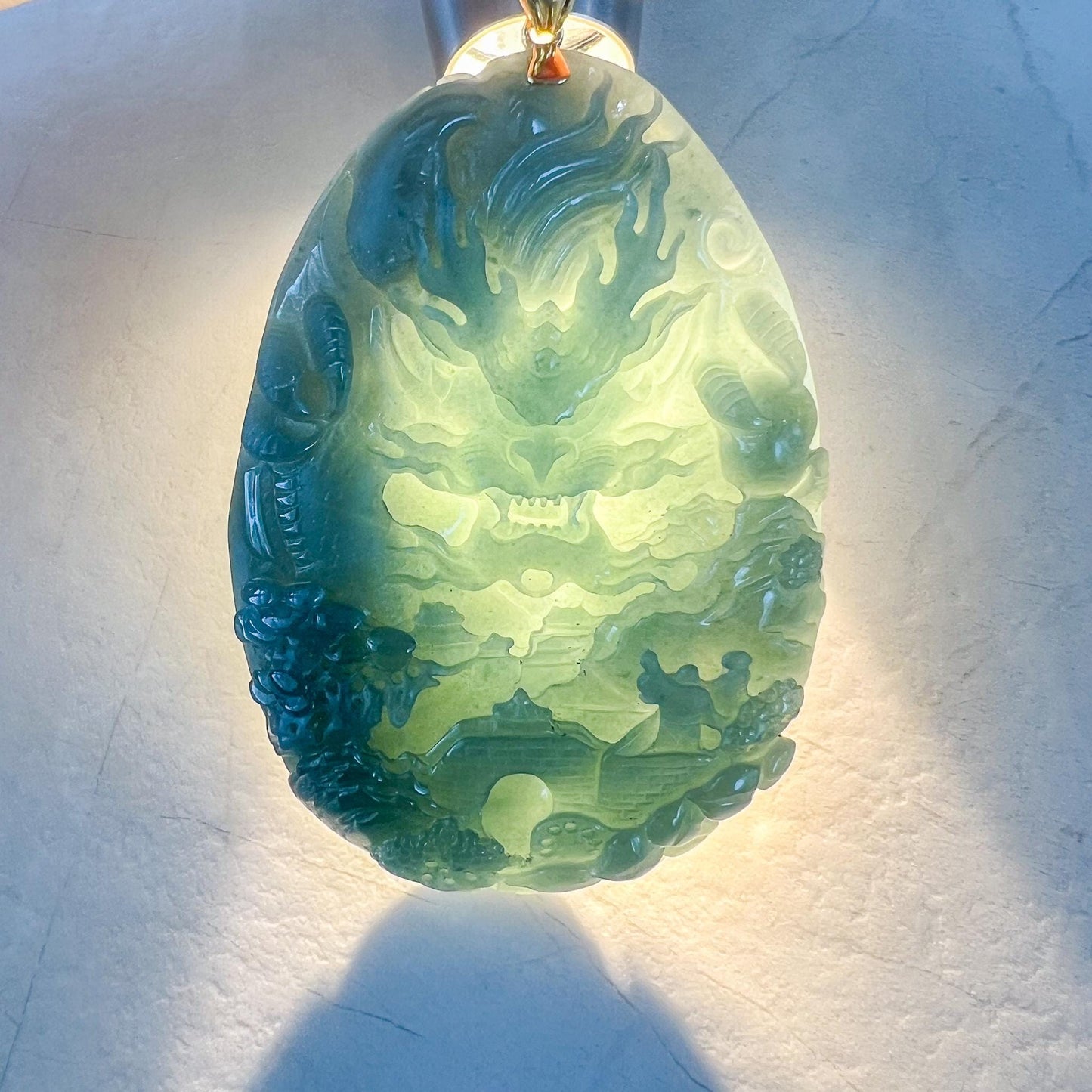 Dragon Landscape Jade Pendant, Very Large Jadeite Jade Hand Carved Dragon Pendant with 18K Solid Gold, CAN-0424-1729968031