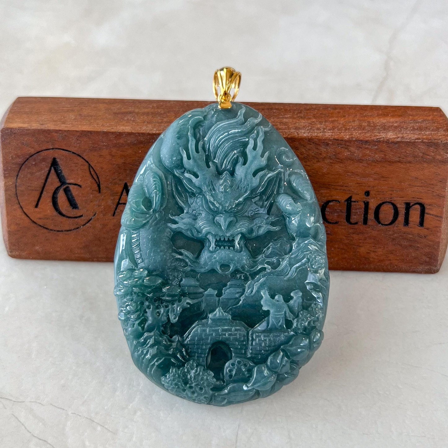 Dragon Landscape Jade Pendant, Very Large Jadeite Jade Hand Carved Dragon Pendant with 18K Solid Gold, CAN-0424-1729968031