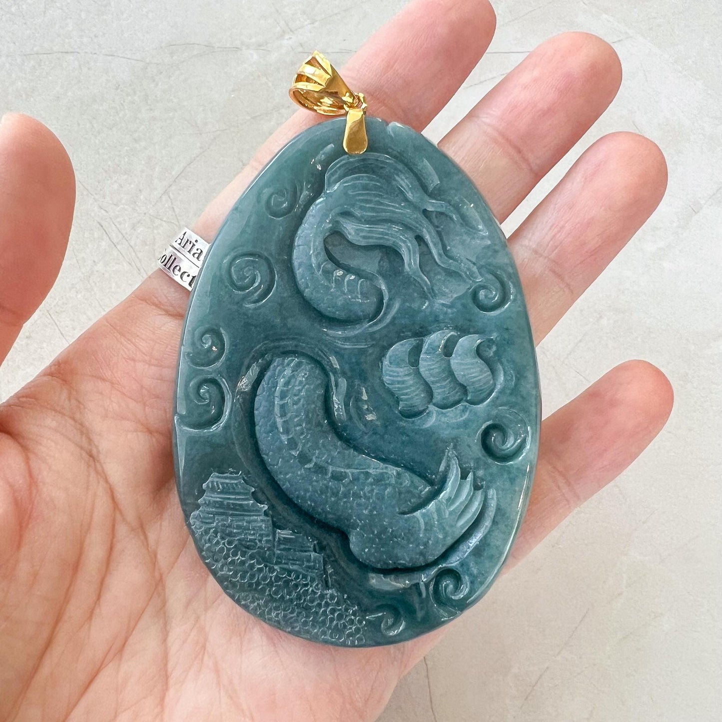 Dragon Landscape Jade Pendant, Very Large Jadeite Jade Hand Carved Dragon Pendant with 18K Solid Gold, CAN-0424-1729968031