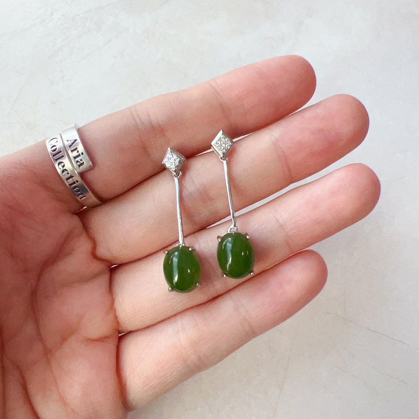 Jade Pendulum Earring Studs, Oval Cut, Green Nephrite Jade Sterling Silver Earrings, JSY-0424-12127