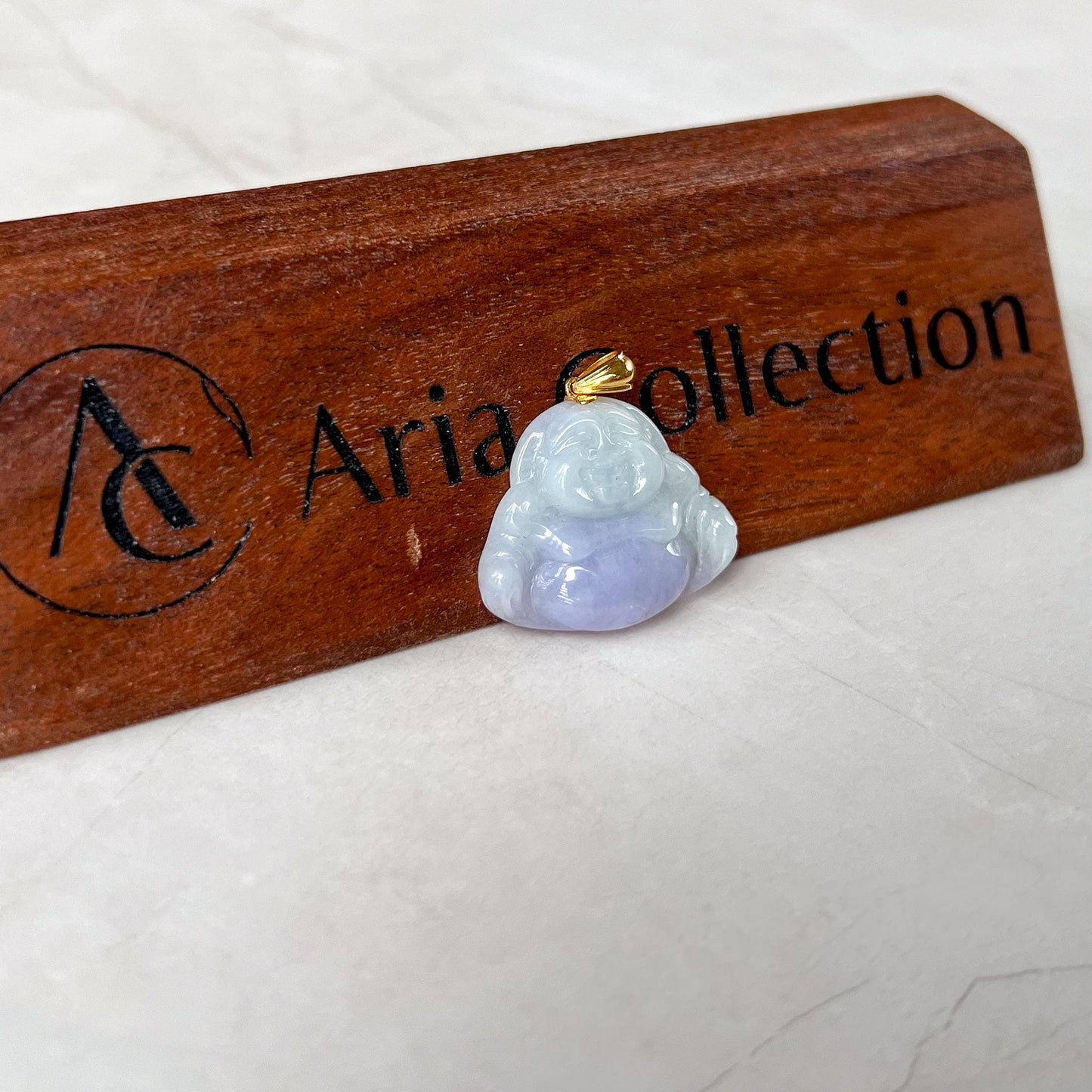 Small Purple Lavender Jadeite Jade Happy Buddha Carved Pendant with 18k Solid Gold Bail, YAR-0424-1731001585