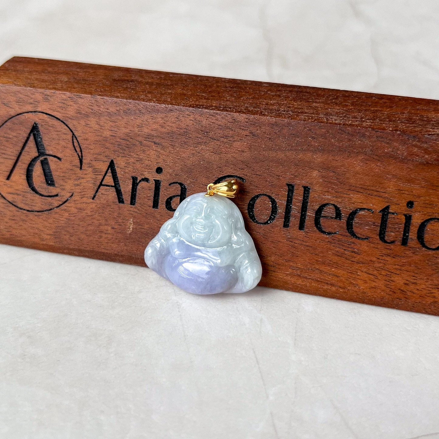 Small Purple Lavender Jadeite Jade Happy Buddha Carved Pendant with 18k Solid Gold Bail, YAR-0424-1731001585
