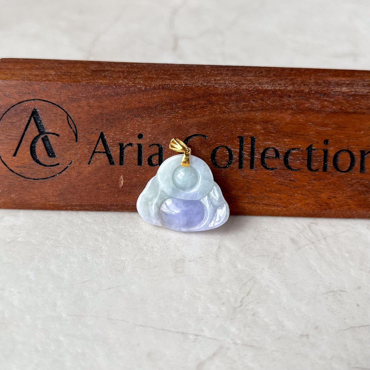 Small Purple Lavender Jadeite Jade Happy Buddha Carved Pendant with 18k Solid Gold Bail, YAR-0424-1731001585