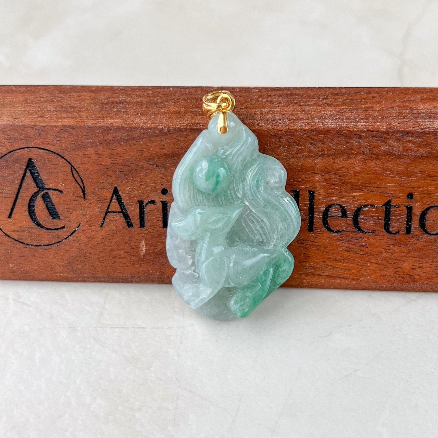 Nine 9 Tail Fox Jade Pendant with 18K Gold, Jadeite Jade Hand Carved Pendant, BH-0224-0003061
