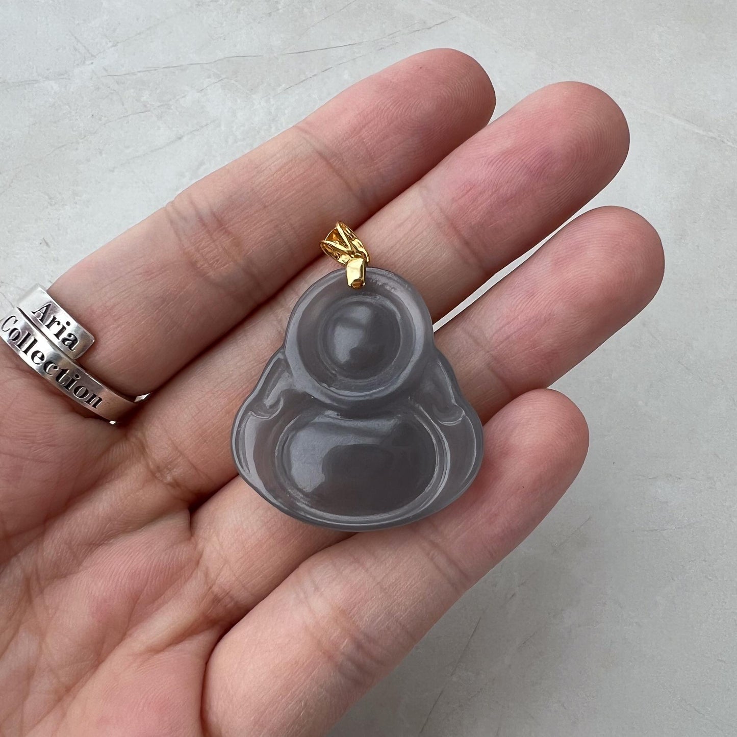 Smokey Purple Gray Nephrite Jade Happy Buddha with 18K Solid Gold Bail Pendant, HST-0424-1731111907
