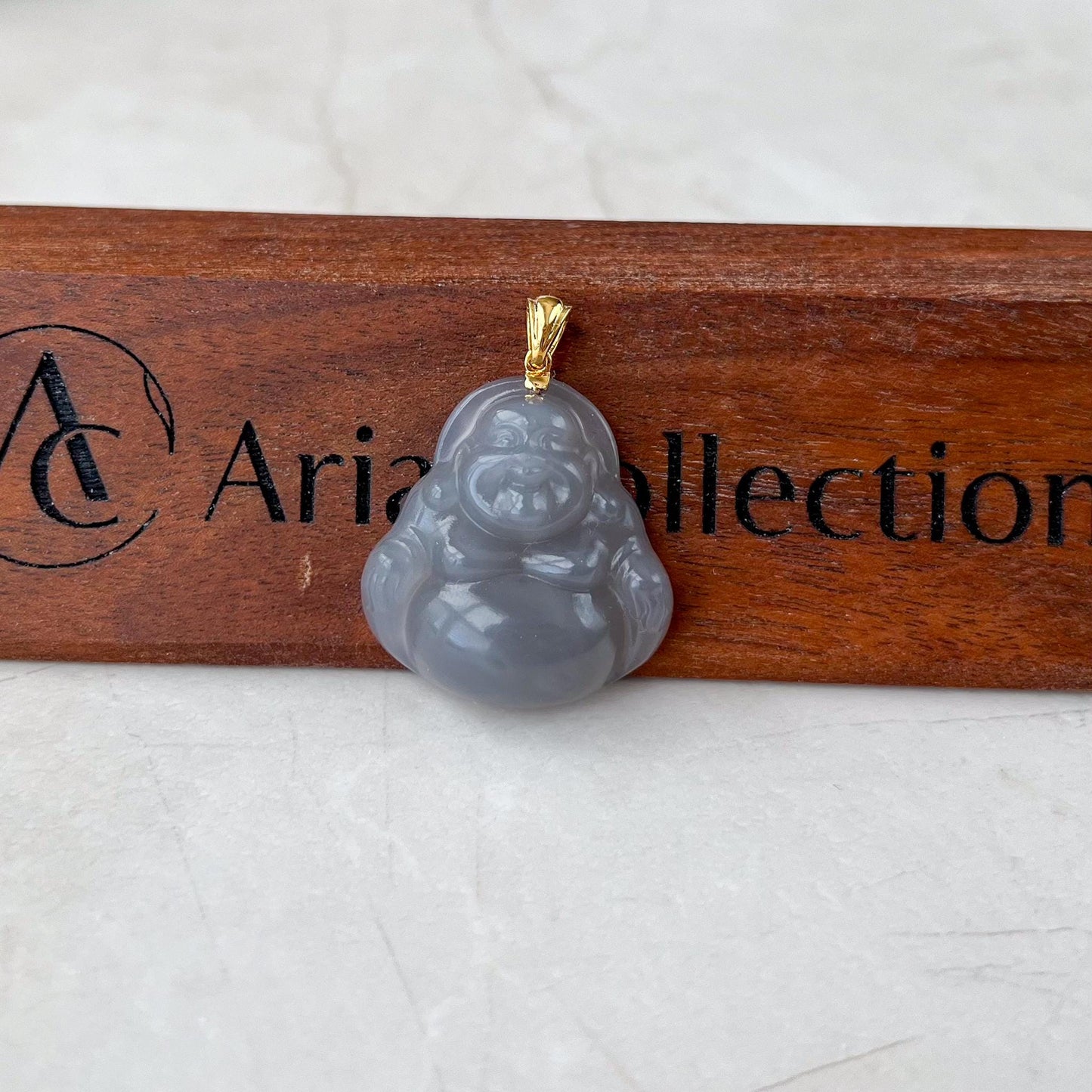 Smokey Purple Gray Nephrite Jade Happy Buddha with 18K Solid Gold Bail Pendant, HST-0424-1731111907