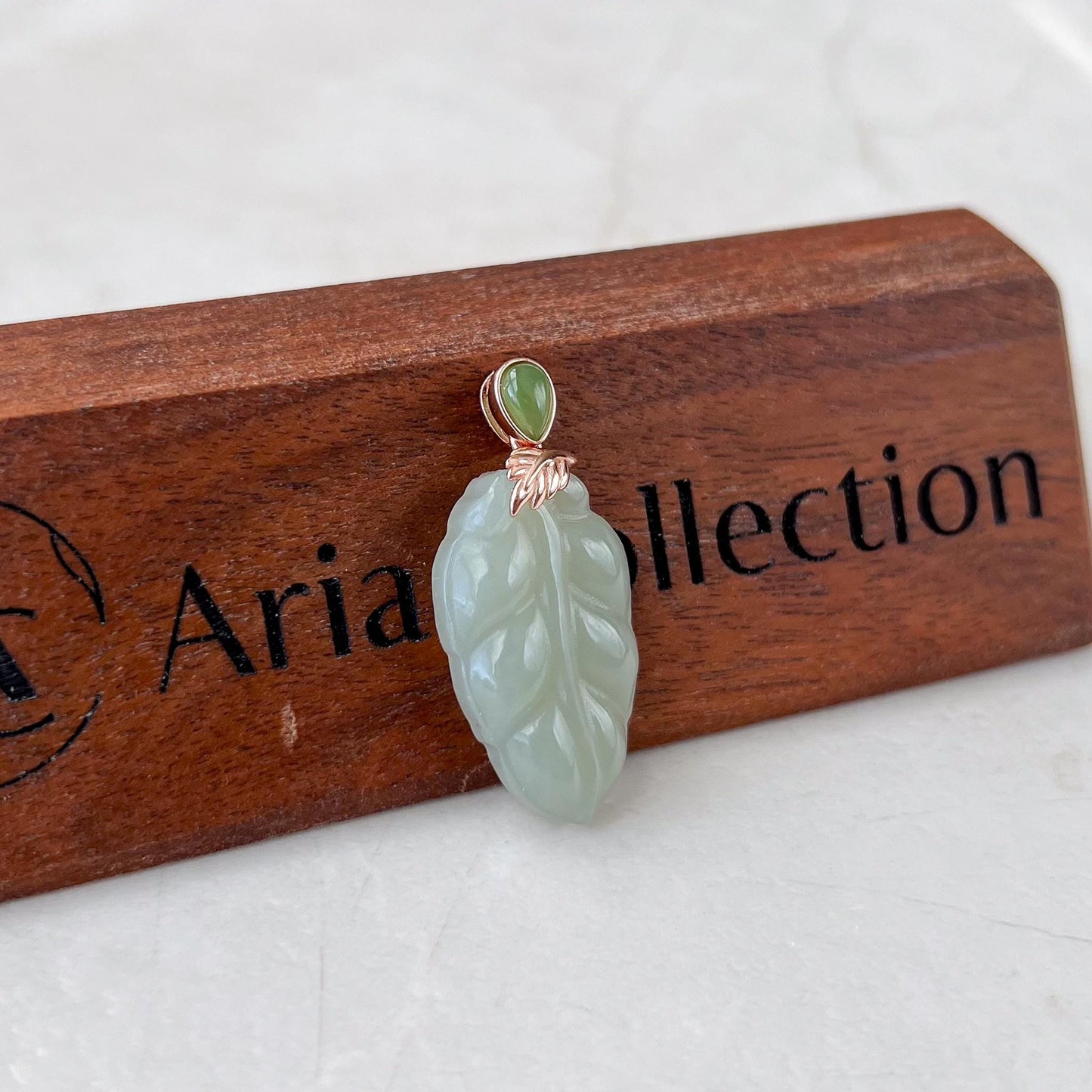 Jade Leaf Pendant, Light Green Yellow Jade Nephrite Jade, Rose Gold Plated Sterling Silver Necklace, XWZ-0722-HY38529634030