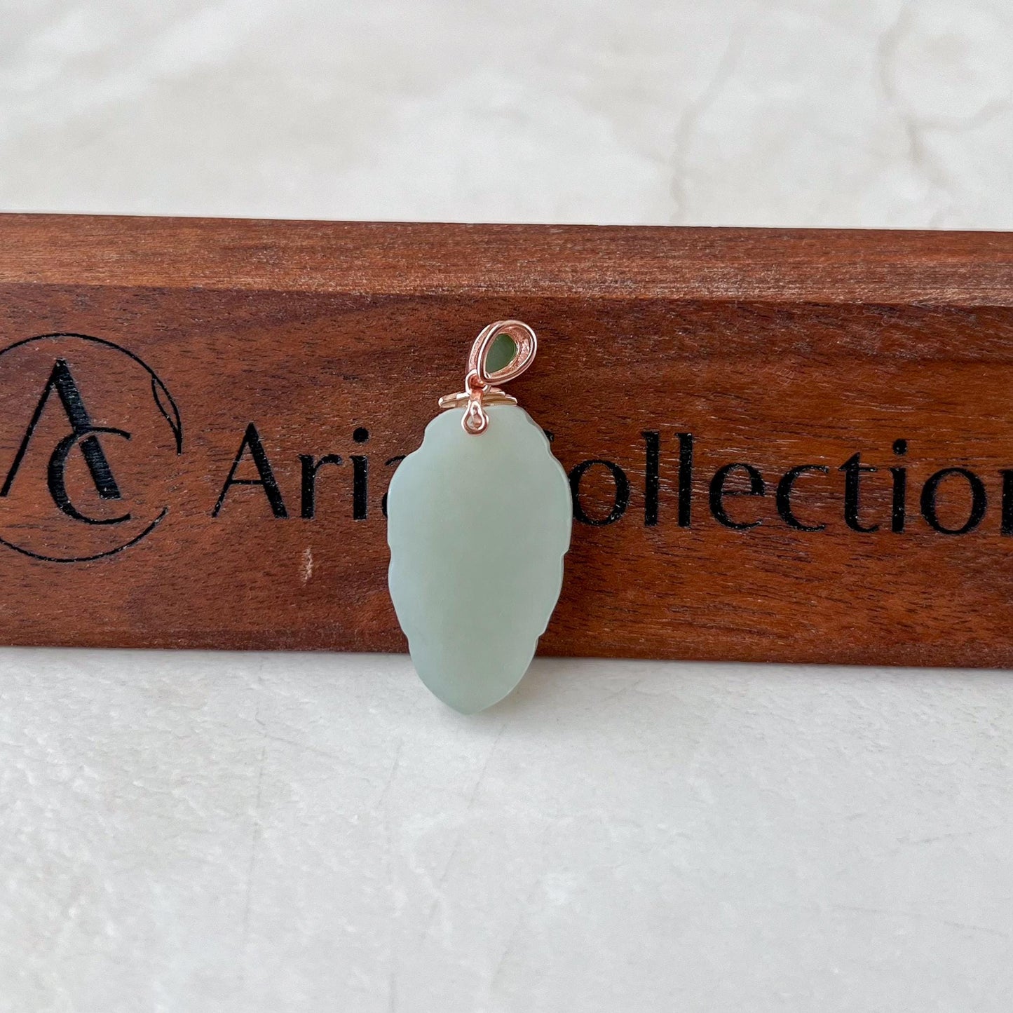 Jade Leaf Pendant, Light Green Yellow Jade Nephrite Jade, Rose Gold Plated Sterling Silver Necklace, XWZ-0722-HY38529634030